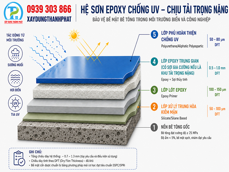 Sơ đồ mặt cắt 3 lớp phủ thi công sơn sàn epoxy Vũng Tàu chống ăn mòn sương muối