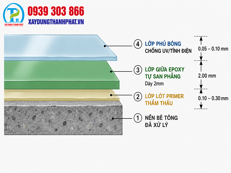Sơ đồ mặt cắt 3 lớp thi công sơn epoxy tự san phẳng Long An