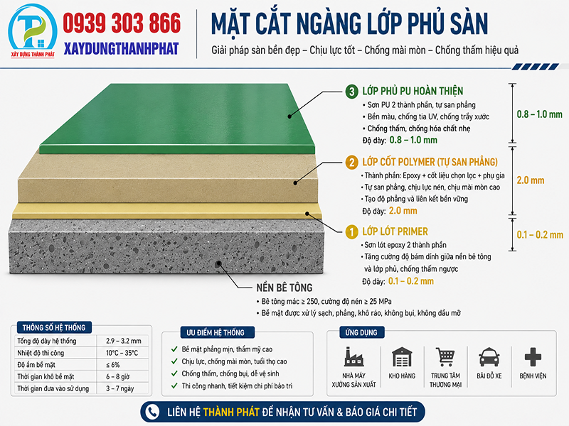 THI CÔNG SƠN PU TỰ SAN PHẲNG HCM – GIẢI PHÁP BỌC MÀNG NỀN CHỊU LỰC, KHÁNG HÓA CHẤT, CHỐNG SỐC NHIỆT 7 Thi công sơn PU tự san phẳng HCM - mặt cắt cấu tạo lớp phủ 3 tầng
