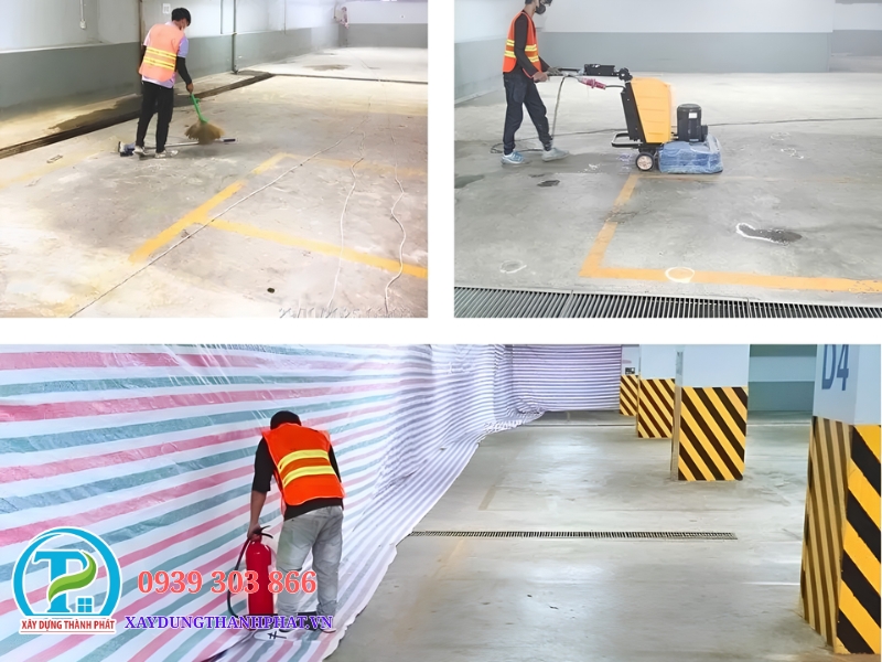 thi công sơn sàn epoxy giá rẻ - xử lý nền ngậm dầu sâu bằng sấy khò nhiệt