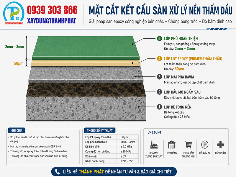 thi công sơn sàn epoxy giá rẻ - bản vẽ mặt cắt xử lý nền thấm dầu